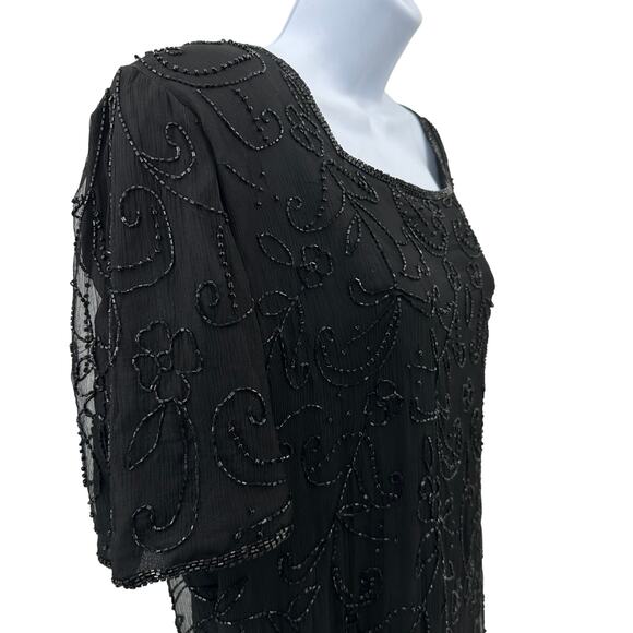 JMD New York Sheath Dress WMNS 3X Black Silk Beaded Short Sleeve Lined Back Zip - Picture 2 of 12
